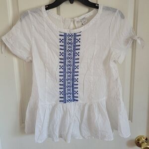 J. Crew Women's White Blouse Boho Embroidered Peplum Short Sleeve Keyhole Size 2